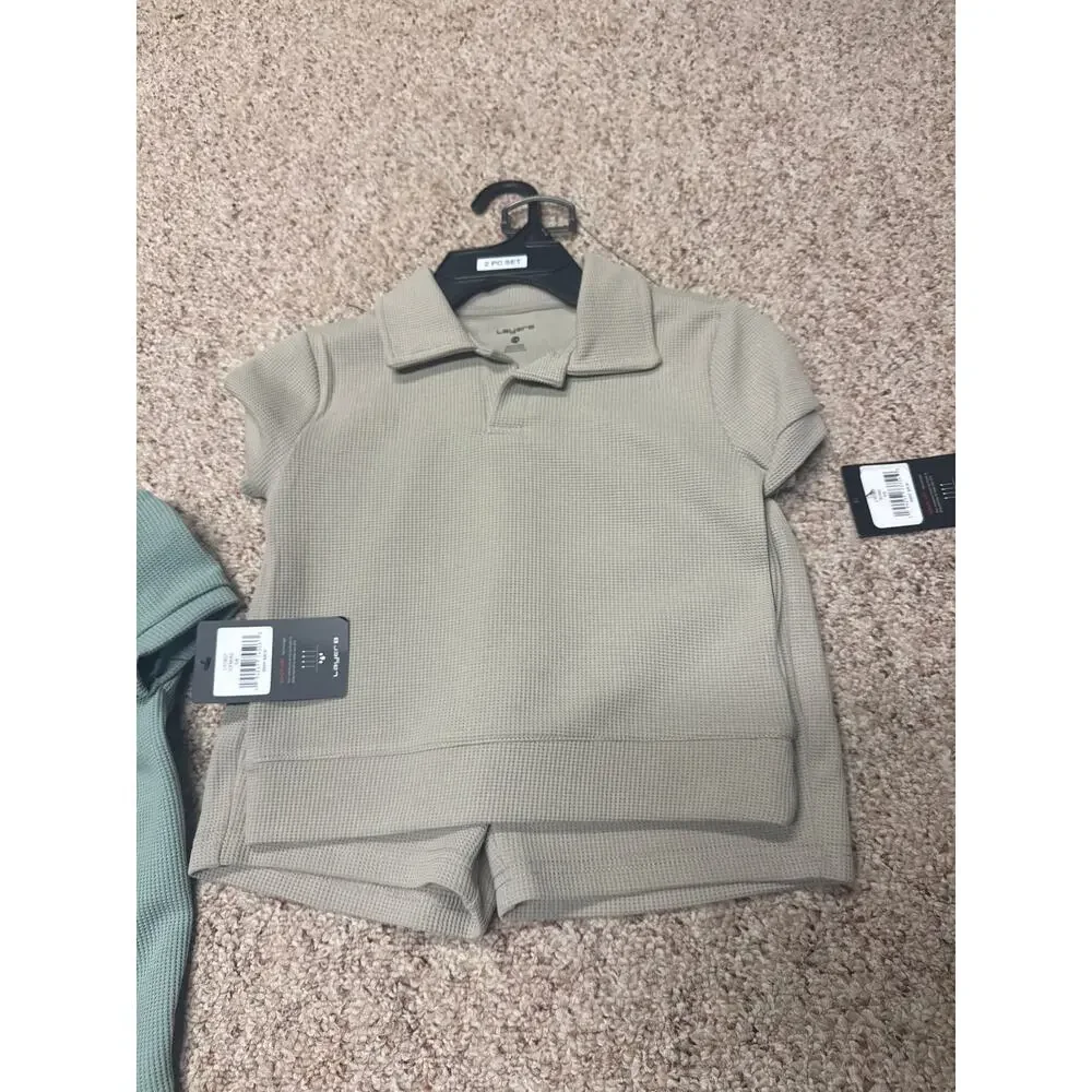 Kids 5/6 outfits : shorts + short drove shirt; khaki + blue green